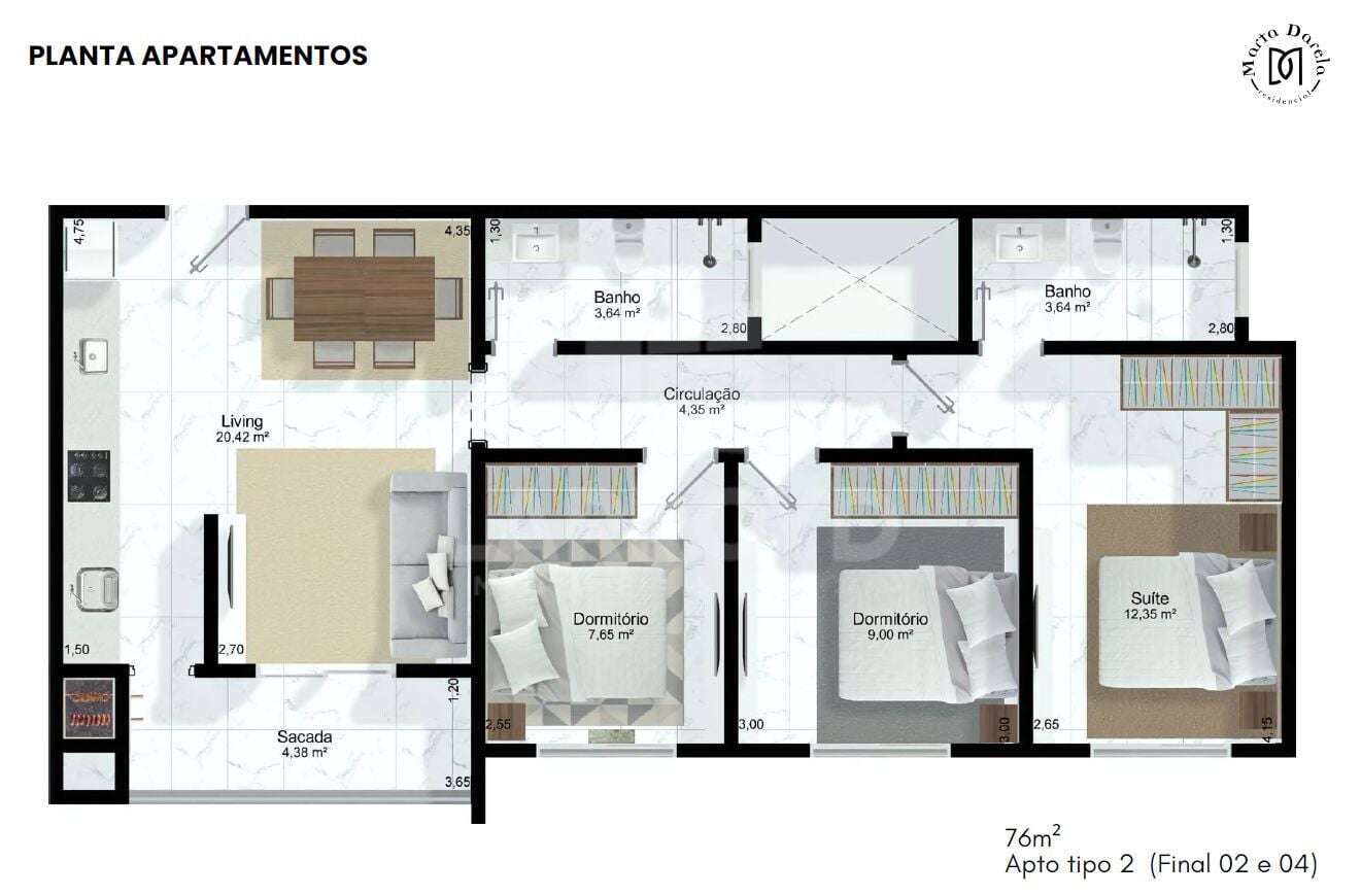 Planta do apartamento de 3 dormitórios com suíte, 76 m², do Residencial Marta Darela
