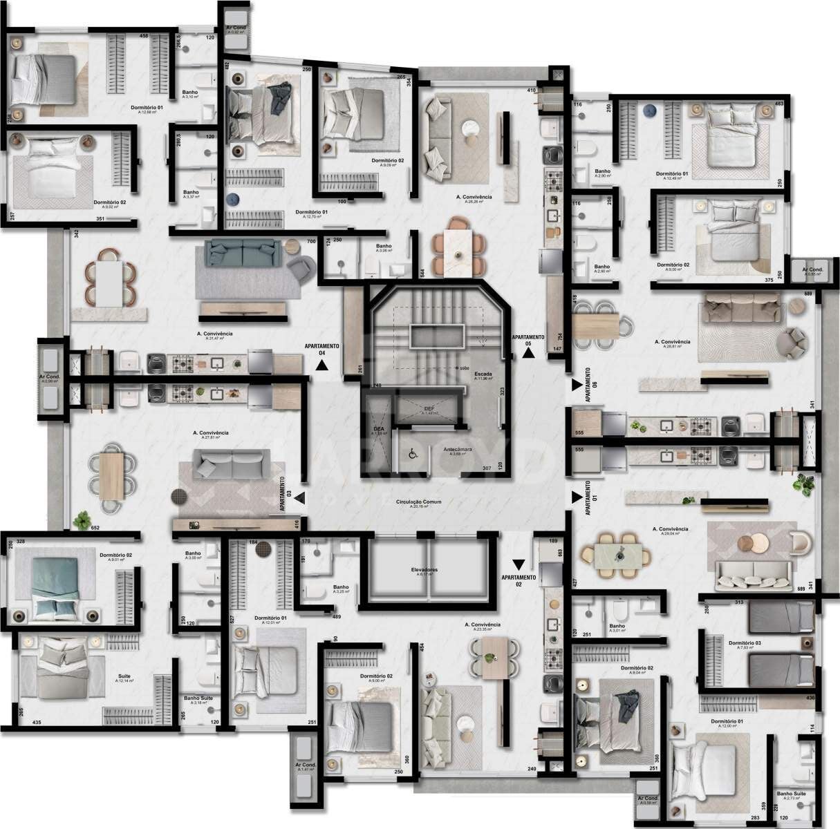 Planta do pavimento tipo do Residencial Tereza Cristina, com 6 apartamentos por andar