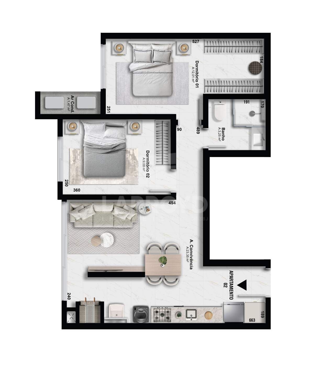 Planta do apartamento de 2 dormitórios do Residencial Tereza Cristina